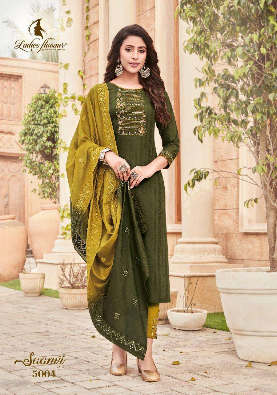 Ladies Flavour-Saanvi Vol 5-Rayon-Weaving-Embroidery-Sequence-Work-Kurti-Cotton-Slub-Lycra-Pant-Chanderi-Viscose-Mirror-Work-Dupatta-5004